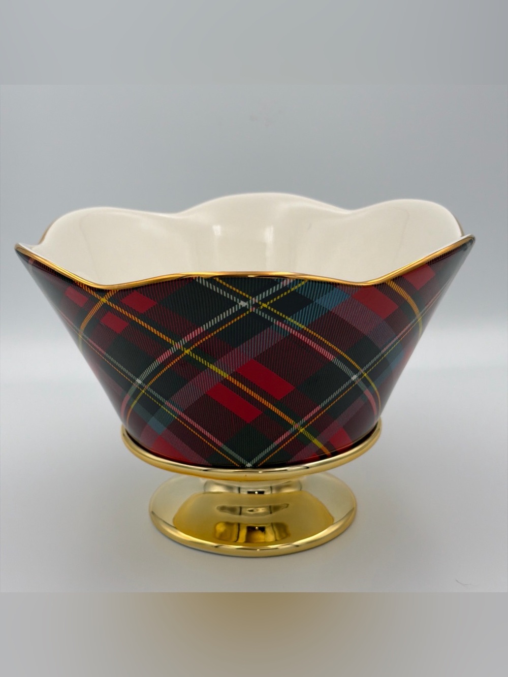 Plaid Gold-Trim Ceramic Pedestal Bowl